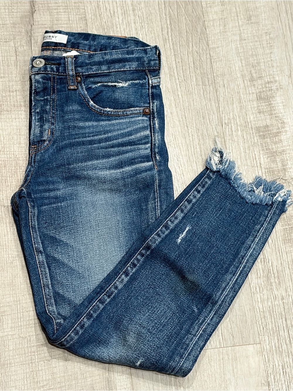Moussy Dark Blue Distressed Ankle Crop Jeans with Frayed Hem